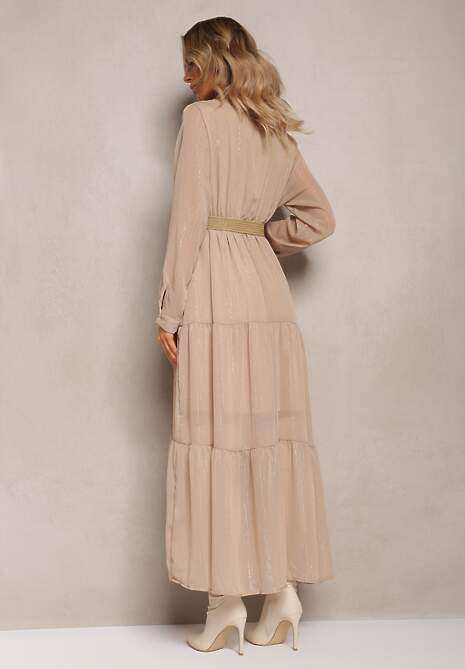 Beżowa Sukienka z Kopertowym Dekoltem i Plecionym Paskiem Velo