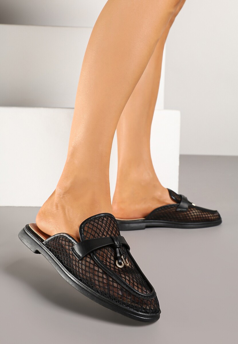 Panterkowe Transparentne Klapki Mule z Siateczki Zdobione Zawieszką Telianne