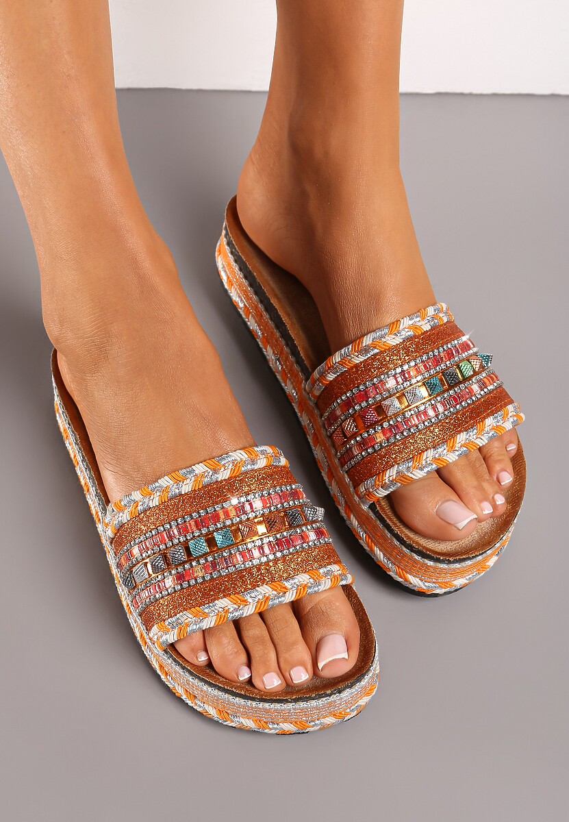 Pomarańczowe Klapki Boho na Platformie z Plecionką i Szerokim Paskiem z Koralikami Gitasta