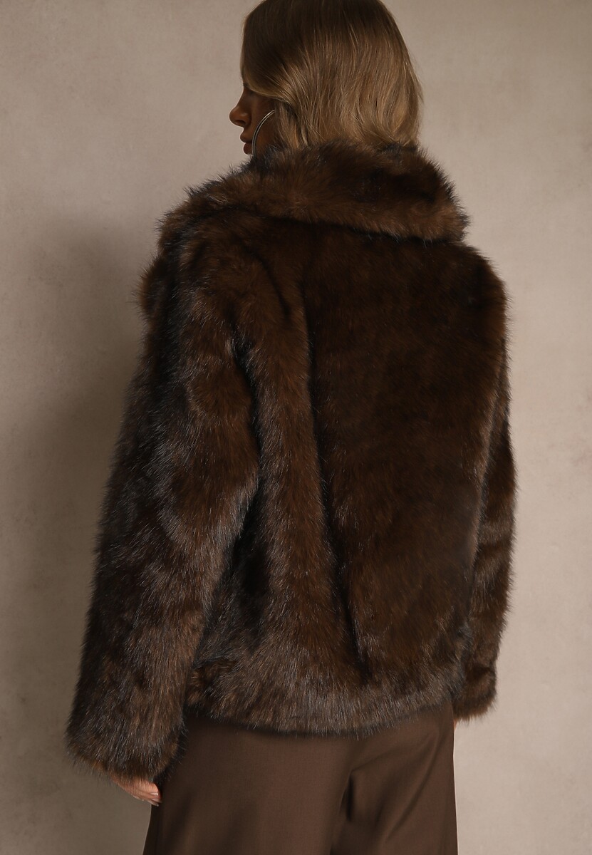 Brązowa Kurtka Typu Futerko Ozdobione Kołnierzem Tilea