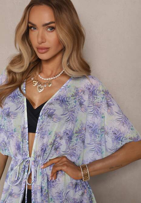 Fioletowa Narzutka Plażowa z Wiązaniem w Kwiatowy Wzór Mevelaura