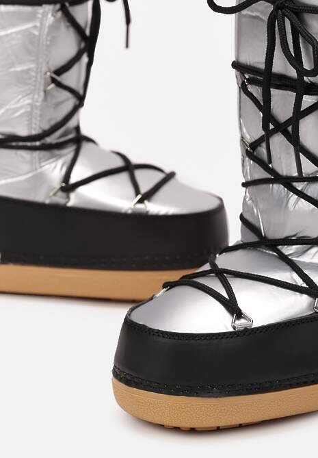 Srebrne Wsuwane Śniegowce na Platformie z Wiązaniem i Ozdobną Taśmą Gorgona