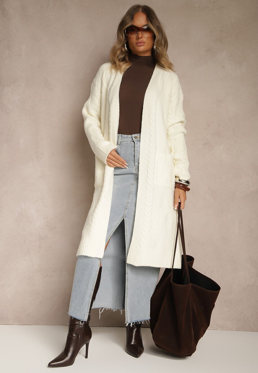 Jasnobeżowy Tłoczony Kardigan z Wełną o Kroju Bez Zapięć z Paskiem Dorrive