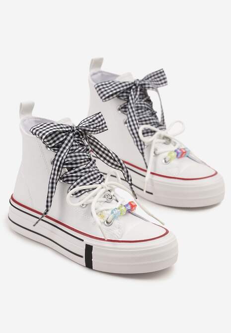 Białe Trampki Ozdobione Koralikami i Wstążką w Kratkę Vichy Armio