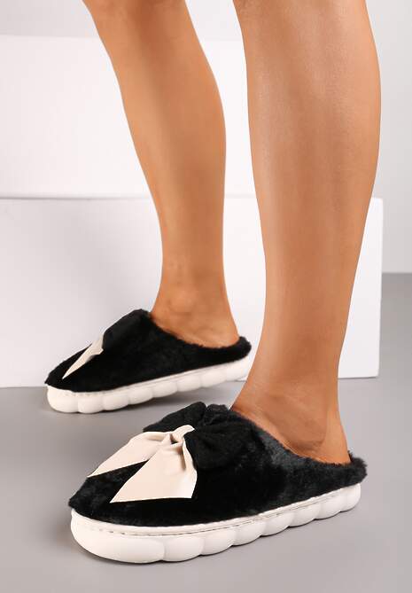 Czarne Kapcie z Dużą Kokardą i Futerkiem Naonelle