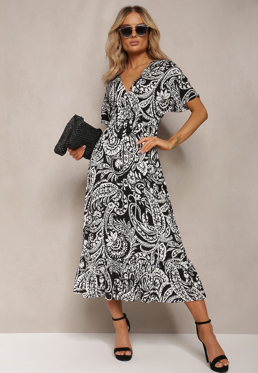 Czerwono-Beżowa Sukienka Letnia z Gumką w Talii i Ozdobnymi Chwostami Aleriana