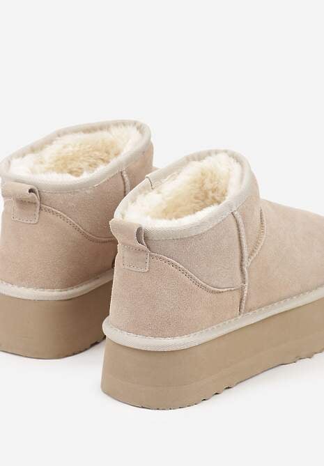 Beżowe Wsuwane Śniegowce z Zamszu Naturalnego na Grubej Podeszwie Mevilira