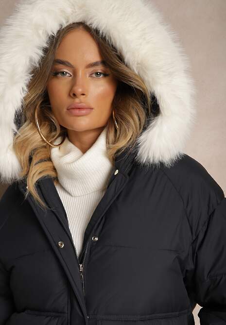 Granatowa Kurtka z Kieszeniami i Odpinanym Kołnierzem z Futerka Nomilaine