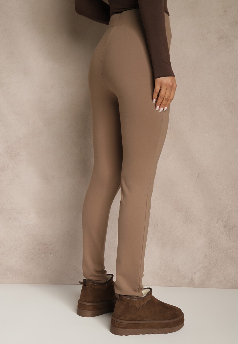 Ciemnobeżowe Legginsy High Waist z Wiskozą z Cyrkoniowym Guzikiem Naliselle