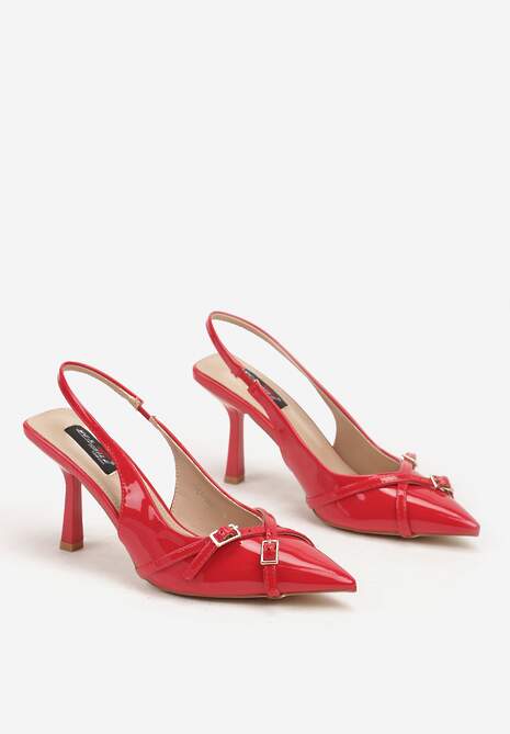 Czerwone Czółenka z Lakierowanym Połyskiem Ozdobione Sprzączkami Acinda