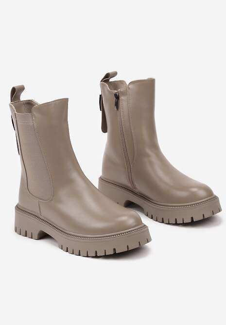 Beżowo-Szare Botki Sztyblety na Platformie Ozdobionej Tłoczeniem z Gumką Naritana