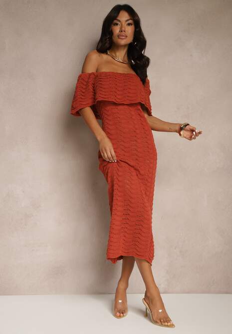 Pomarańczowa Sukienka Hiszpanka z Ażurowej Tkaniny z Ozdobnym Dekoltem Filadella