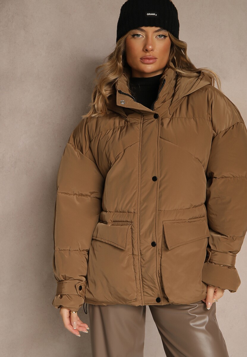 Beżowa Oversizowa Kurtka z Kapturem i Pikowanymi Przeszyciami Unavella