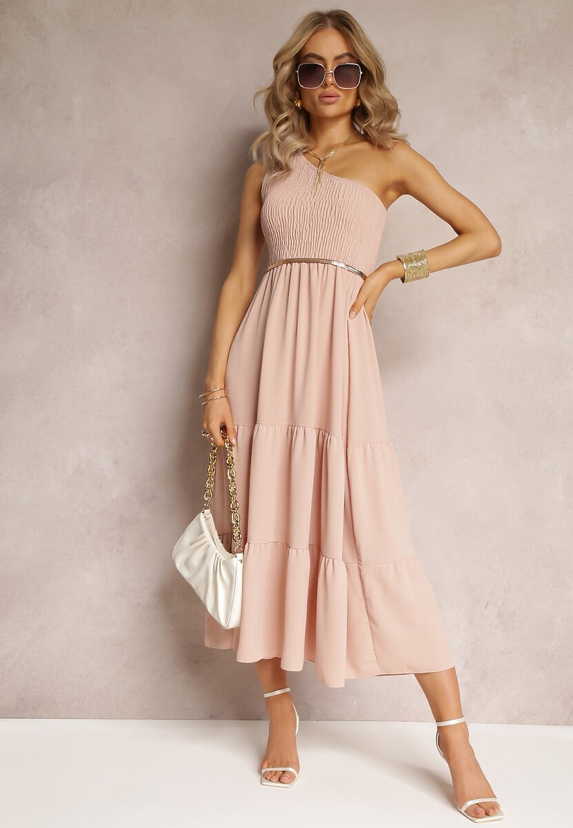 Różowa Sukienka Maxi na Jedno Ramię o Rozkloszowanym Asymetrycznym Kroju z Falbanką Kalphus