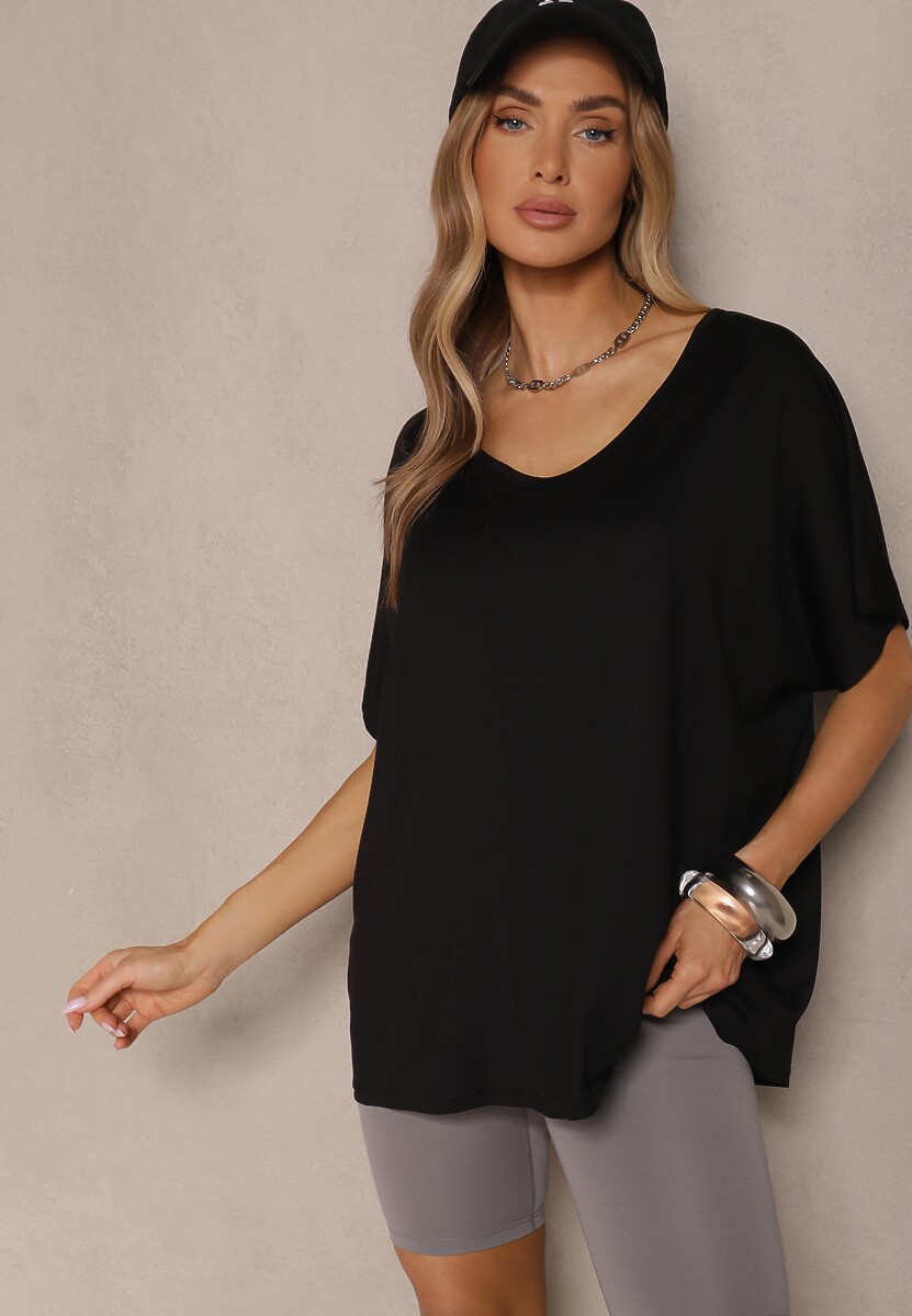 Czarny T-shirt z Wiskozą w Stylu Nietoperza Liofala