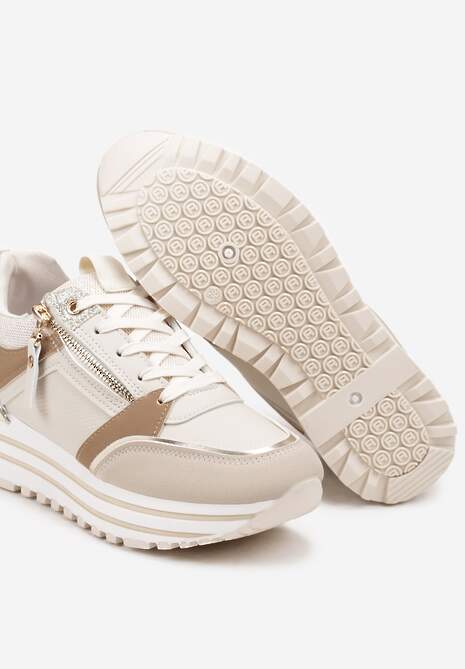 Beżowe Sneakersy na Platformie z Brokatowymi Detalami i Ozdobnym Suwakiem Mailera