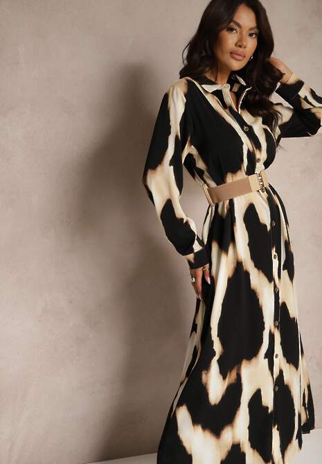 Beżowo-Czarna Koszulowa Sukienka w Panterkę Ozdobiona Paskiem Valentola