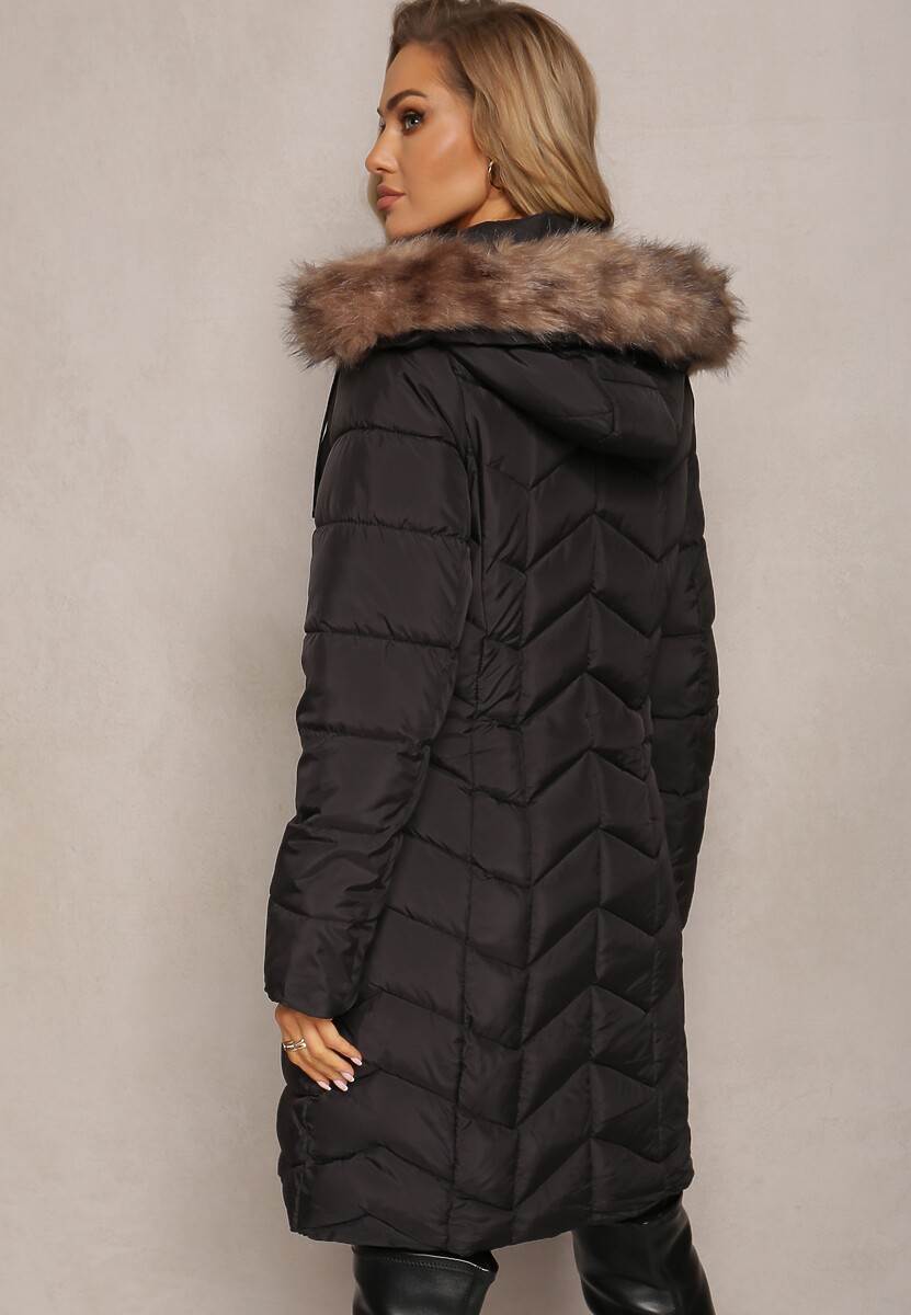 Czarna Kurtka do Kolan Pikowana z Kapturem Vasusa