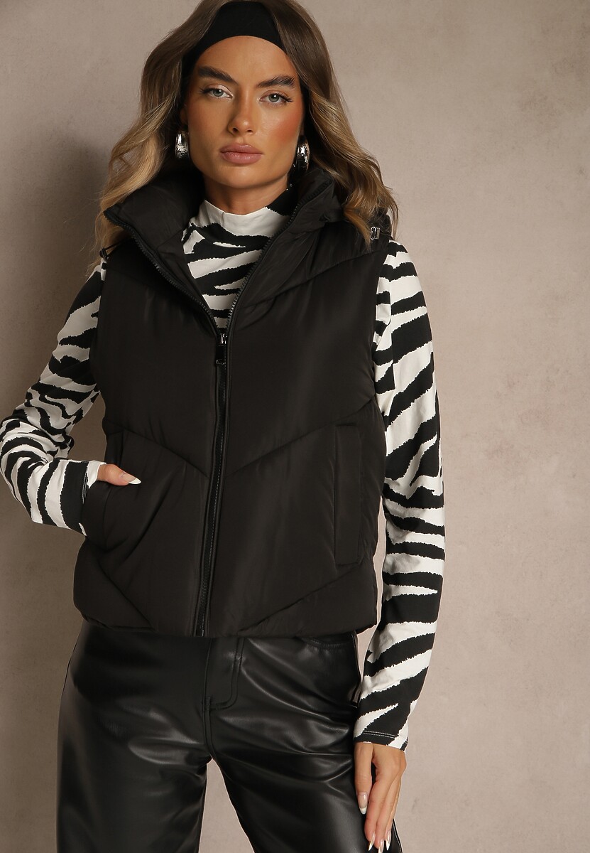 Czarna Pikowana Kamizelka Casual z Kapturem Olanissa