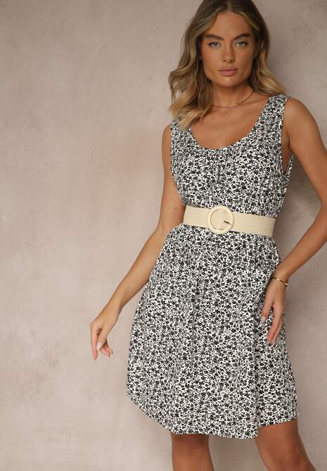 Biała Rozkloszowana Sukienka na Szerokich Ramiączkach w Kwiatowy Wzór Folivena