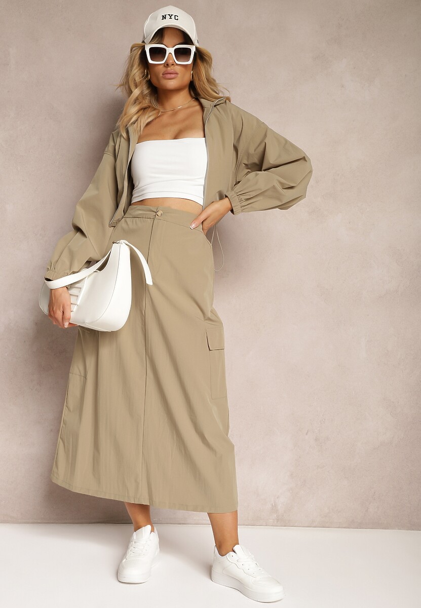 Miętowy Casualowy Komplet 2-Częściowy Rozpinana Bluza i Spódnica z Kieszeniami na Klapy Lennira