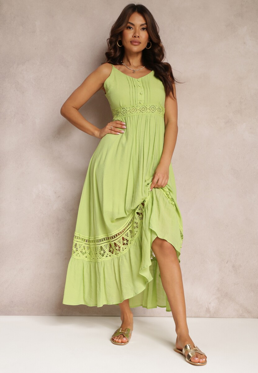 Zielona Rozkloszowana Sukienka Maxi z Falbanką i Koronką Luluma