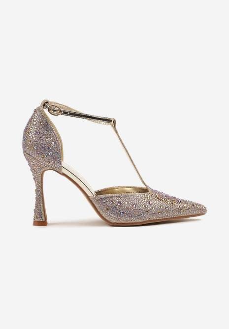 Złote Cyrkoniowe Sandały na Szpilce ze Szpiczastym Noskiem Ulonella