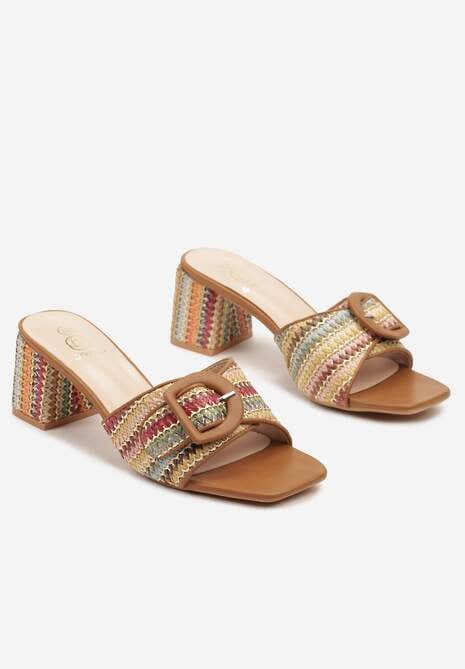 Brązowe Klapki z Plecionką i Klamerką na Słupkowym Obcasie Lisellea