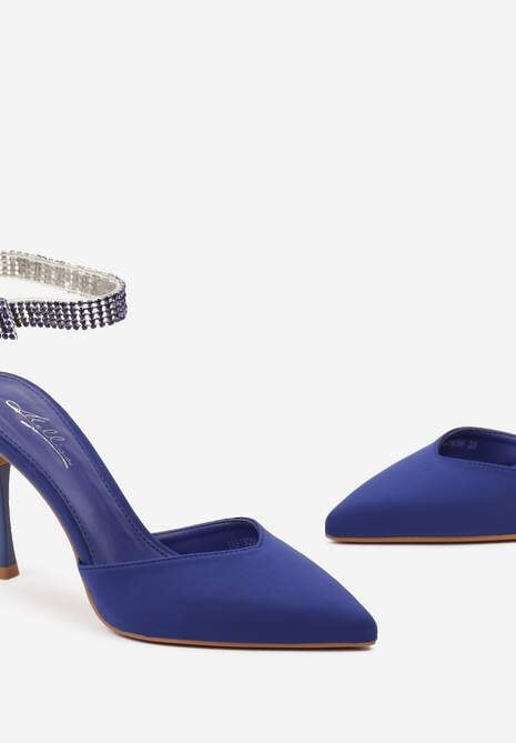 Granatowe Szpilki z  Paskiem Wokół Kostki Zdobiony Cyrkoniami Faeillna