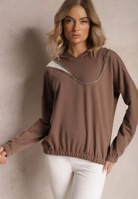 Brązowa Asymetryczna Bluza z Bawełny z Kapturem i Ozdobnym Suwakiem Lueur