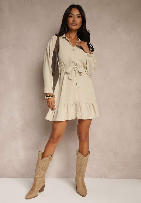 Beżowa Sukienka Koszulowa z Falbanką i Wiązanym Paskiem Neitra