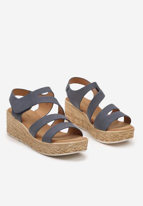 Granatowe Sandały Zapinane na Rzepy na Koturnie i Platformie Moanele