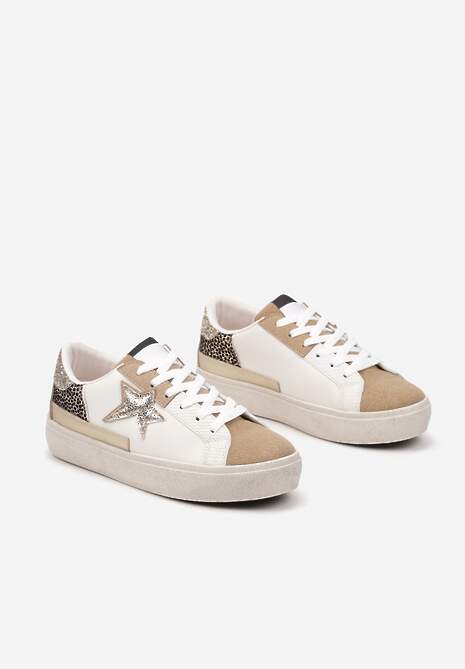 Ciemnobeżowe Sneakersy na Niskiej Platformie z Brokatowymi Zdobieniami Felaven