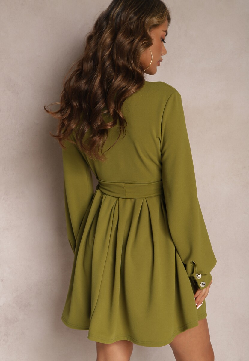 Zielona Rozkloszowana Sukienka Mini z Wiązanym Paskiem Lavendra