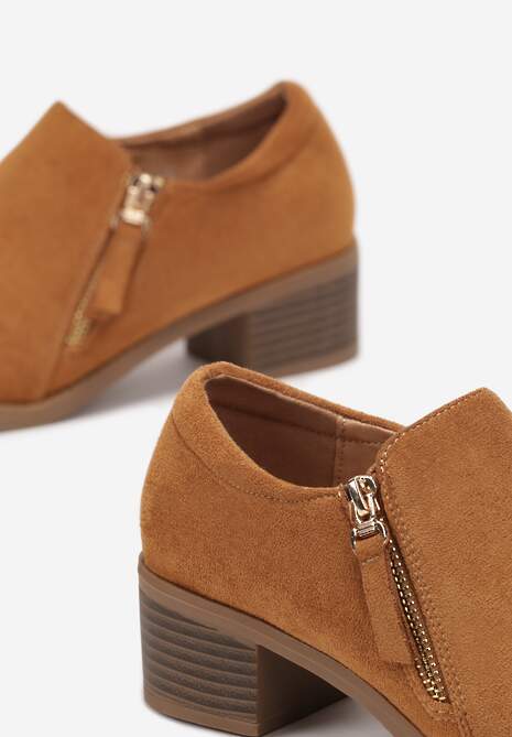 Brązowe Półbuty na Słupku z Niską Cholewką Ozdobioną Suwakiem Ansolee