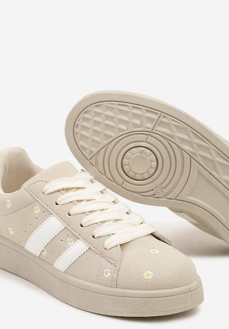 Beżowe Sneakersy Ozdobione Haftowanymi Kwiatami i Paskami Malirelle