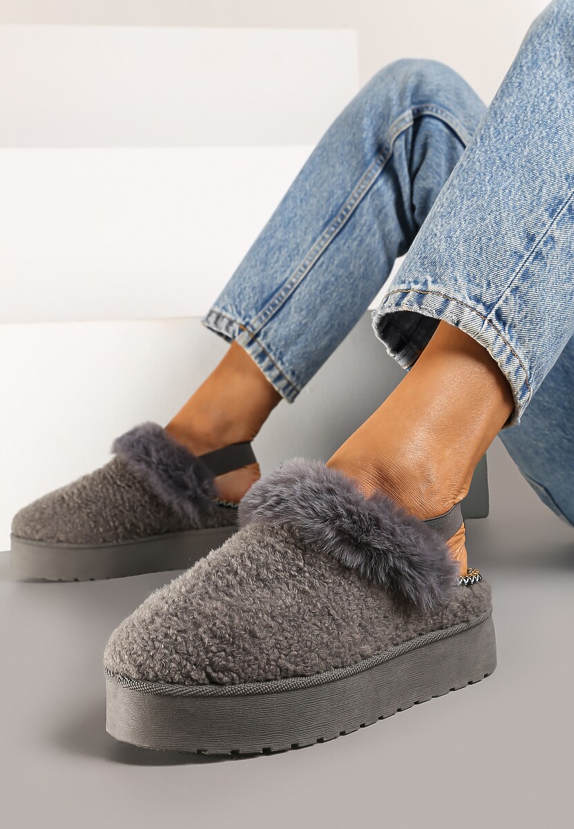 Szare Futerkowe Śniegowce na Grubej Podeszwie z Gumką na Pięcie Sosena