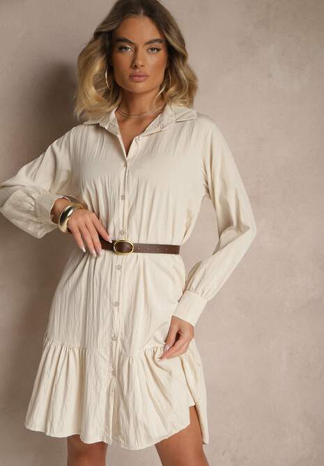 Jasnobeżowa Koszulowa Sukienka z Wiskozą Zakończona Falbanką Tirzedi