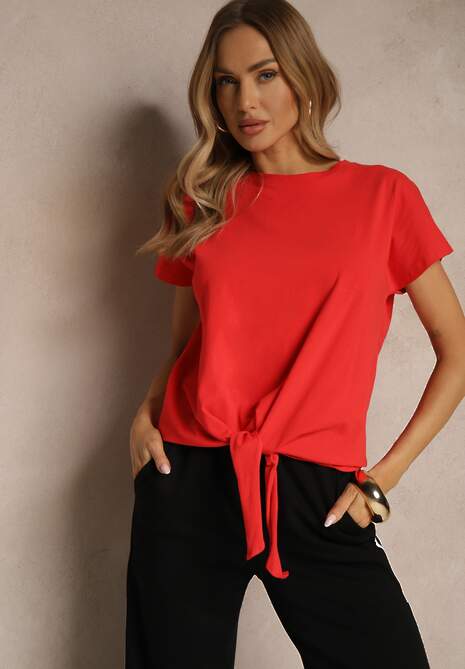 Czerwony Bawełniany T-shirt Wiązany u Dołu Sunalina