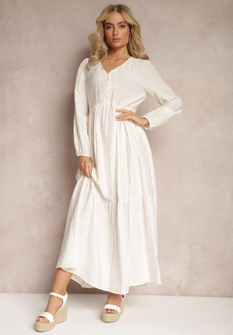 Jasnobeżowa Rozkloszowana Sukienka Pudełkowa Maxi z Ozdobnymi Guzikami Nervatti