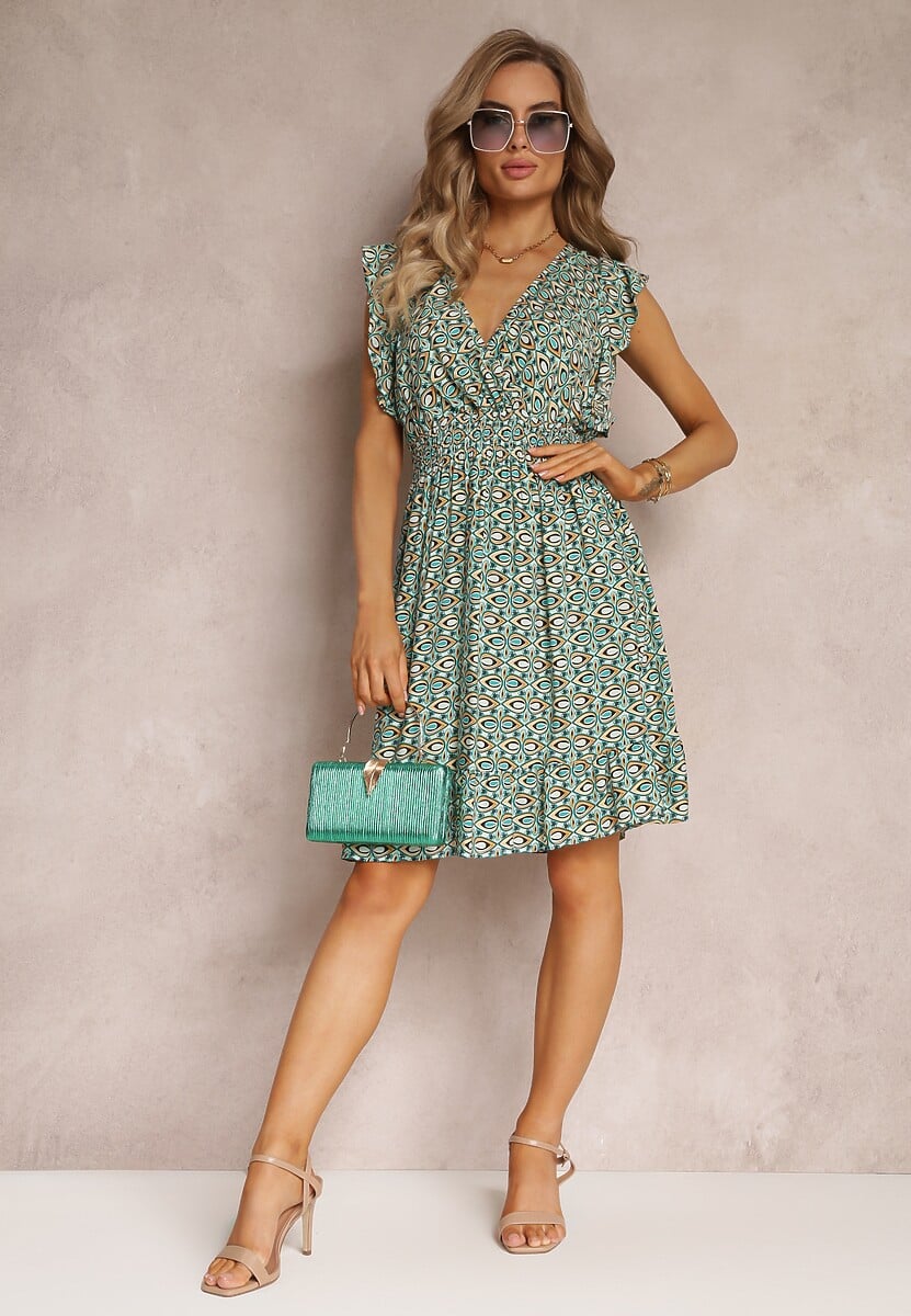 Zielona Wiskozowa Sukienka Mini z Gumkami w Pasie w Kwiatki Reeves