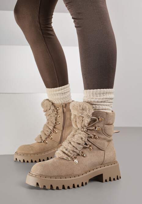 Ciemnobeżowe Traperki z Imitacji Zamszu ze Sznurowaniem i Futerkiem Cynthara