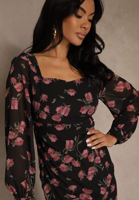 Czarno-Różowa Sukienka VICES o Taliowanym Kroju z Falbankami i Bufiastymi Rękawami Tevite