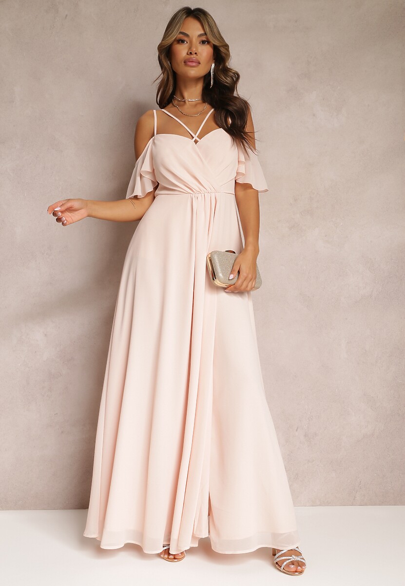 Różowa Rozkloszowana Sukienka Maxi o Kopertowym Fasonie na Cienkich Ramiączkach Burwena