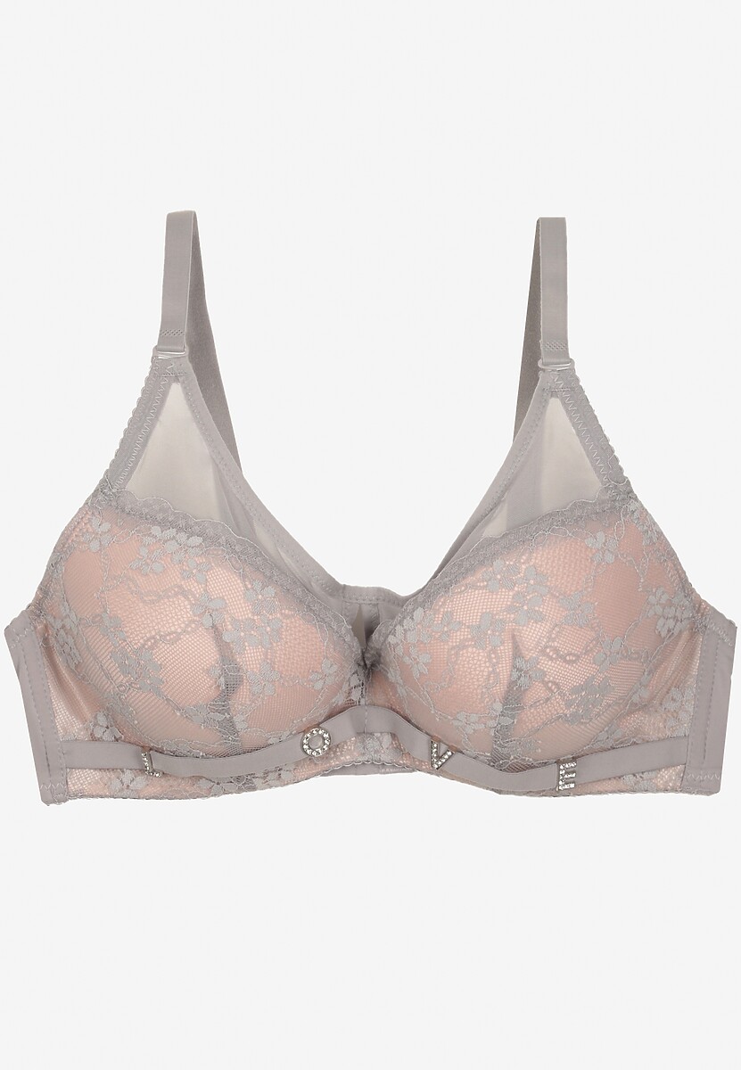 Szaro-Różowy Koronkowy Biustonosz z Odpinanymi Ramiączkami Revalora