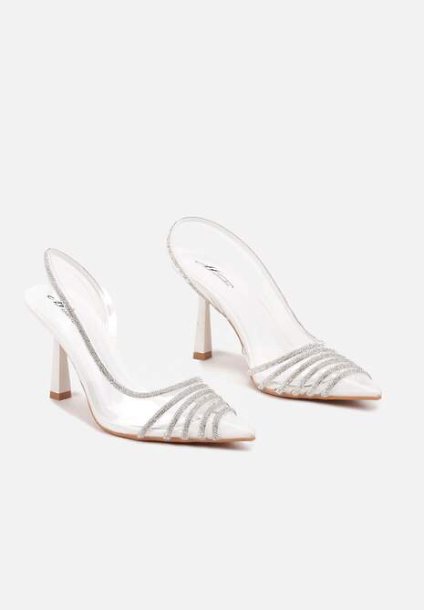 Białe Transparentne Sandały na Obcasie ze Szpiczastym Noskiem i Cyrkoniami Felissin