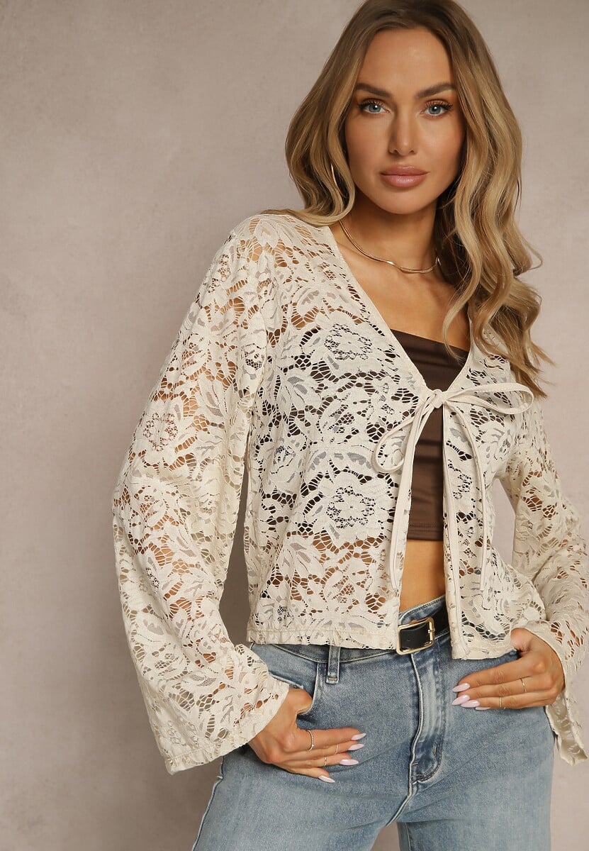 Beżowa Bluzka z Koronki z Wiskozą Wiązana pod Dekoltem Saniviel
