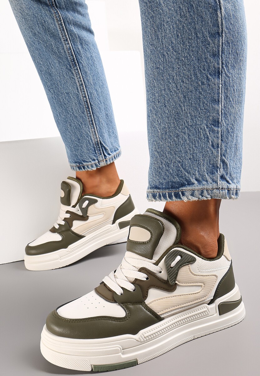 Zieloneo-Białe Sneakersy Ozdobione Wstawkami i Perforacją z Imitacji Skóry Cressia