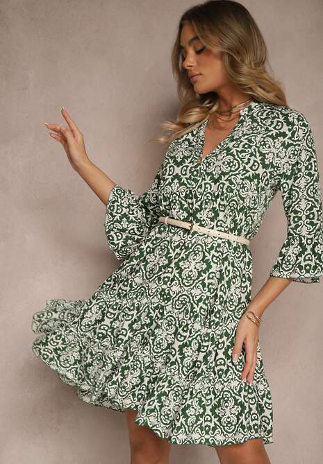 Zielona Rozkloszowna Sukienka z Bawełny w Ornamentalny Wzór z Falbaną Lanariella