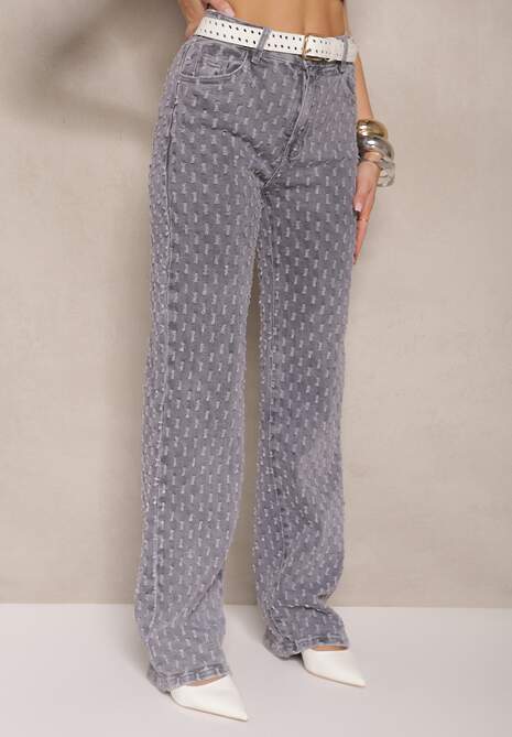 Szare Jeansy High Waist o Szerokim Kroju z Ozdobnymi Tłoczonymi Przetarciami Ulanisea